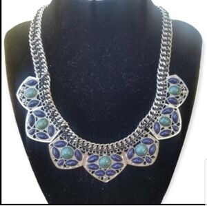 NY SILVERTONED CHAIN BLUE CABOCHON FASHION NECKLACE